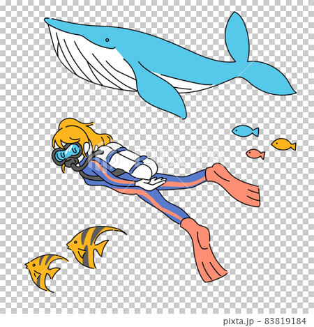 海の生き物と一緒にスキューバダイビングをする女性のイラストのイラスト素材