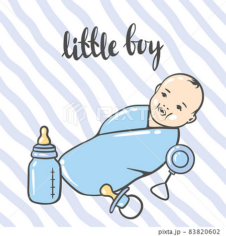 Happy Birthday greeting and invitation card. Holiday baby boy shower celebration simbols. 83820602