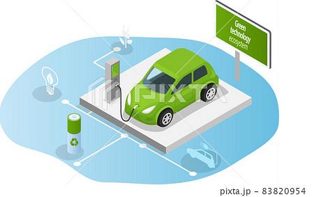 Electric car charging at charger station. Refueling automobile with environmentally friendly biofuel 83820954