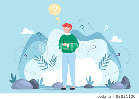 Making confusion. Doubts person surrounded by question marks. Questions dilemma situations 83821100