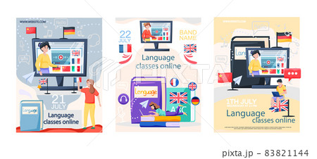 Language classes online banners set. Foreign speech study at home using computer, distance lessons 83821144