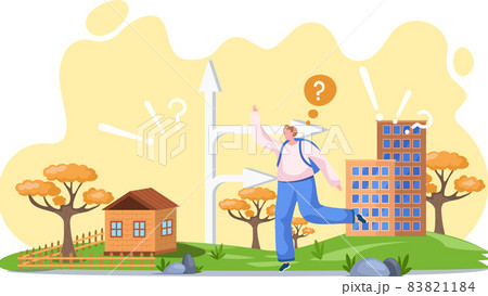 Making confusion choice of path. Woman thinks about solution to problem chooses place of residence Making confusion choice of path. Woman thinks about solution to problem chooses place of residence 83821184