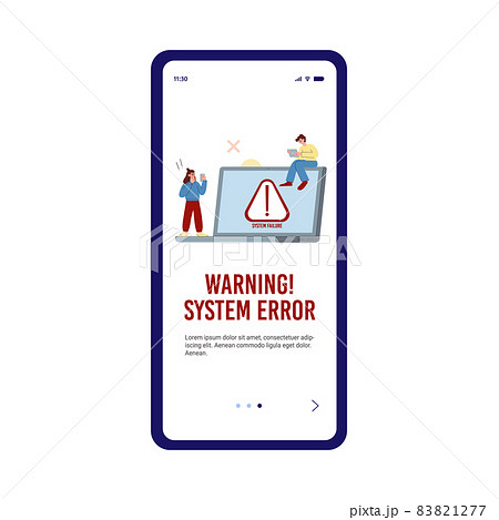 Operating system error warning for web page, banner or social media. Tiny people puzzled near laptop with error alert. 83821277