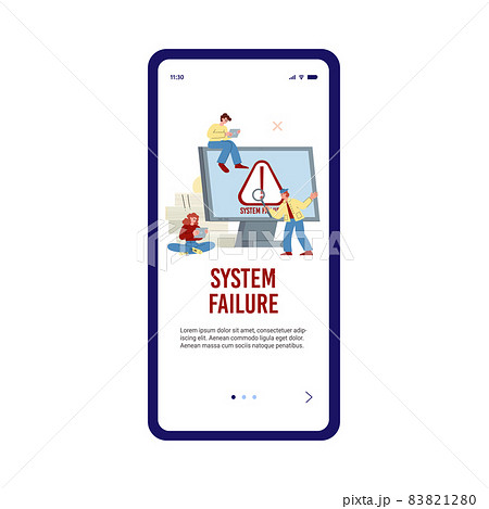 Mobile app onboarding help page for system error, flat vector illustration. 83821280