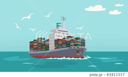Dry cargo container ship in ocean. Flat cartoon style Dry cargo container ship in ocean. Flat cartoon style 83821557