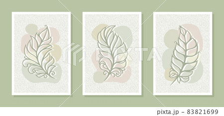 Set of three abstract posters. Painting with a green feather, leaf, spots on an aged canvas. Calm, pastel, light colors. Stylish decoration of the interior of an office, studio, apartment. Vector. 83821699