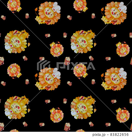 Seamless pattern with cute animals. Lion chef in a chefs hat, with a spoon and a drop of jam licks his lips with pleasure on a black background. Watercolor. Illustration for design, kids collection 83822656