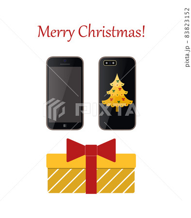 Christmas gift. Back of phone is decorated golden Christmas tree. Gift box with bow	 83823152