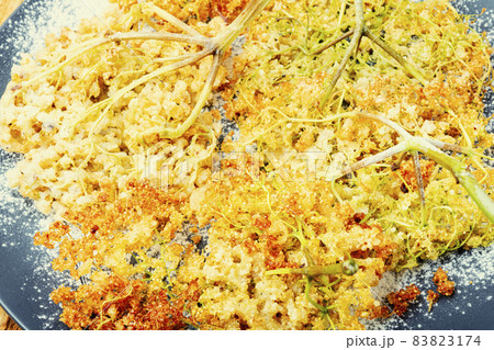 Fried elderflower,close up 83823174