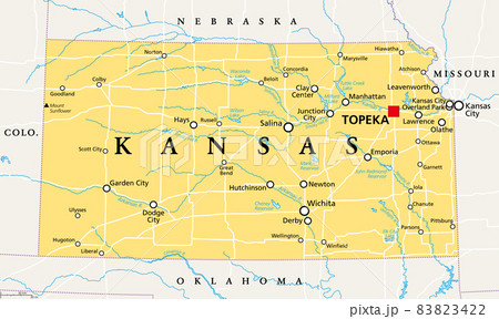 Kansas, KS, political map with capital Topeka, important rivers and lakes. State in the Midwestern United States of America nicknamed The Sunflower State, also The Wheat or The Jayhawker State. Vector Kansas, KS, political map with capital Topeka, important rivers and lakes. State in the Midwestern United States of America nicknamed The Sunflower State, also The Wheat or The Jayhawker State. Vector 83823422