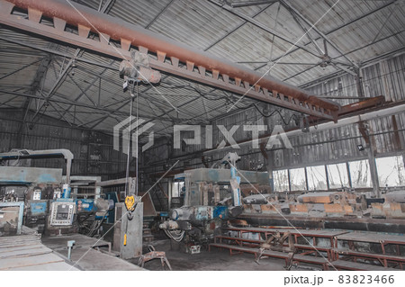 General plan of the industrial workshop of the plant production with old machines and equipment for metalworking factory manufacturing 83823466