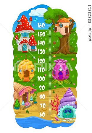 Kids height chart with cartoon houses, vector growth measure meter. Baby height meter or child tall scale ruler with homes of dwarf or gnome elf in mushroom, seashell and acorn or tree stump Kids height chart with cartoon houses, vector growth measure meter. Baby height meter or child tall scale ruler with homes of dwarf or gnome elf in mushroom, seashell and acorn or tree stump 83823811