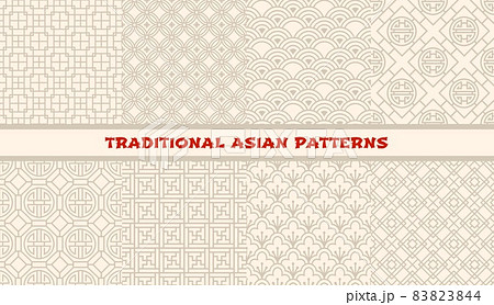 Asian ornaments seamless patterns. Korean, chinese and japanese abstract line background. Oriental decorative, floral and geometric vector backdrops, patterns for textile print, tile and covers design Asian ornaments seamless patterns. Korean, chinese and japanese abstract line background. Oriental decorative, floral and geometric vector backdrops, patterns for textile print, tile and covers design 83823844