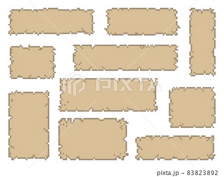 Pixel game vintage ribbons and scrolls. Eight-bit console or arcade game design asset of ancient manuscripts, vector parchment banners, treasure maps set or antique letters with paper ripped sides Pixel game vintage ribbons and scrolls. Eight-bit console or arcade game design asset of ancient manuscripts, vector parchment banners, treasure maps set or antique letters with paper ripped sides 83823892