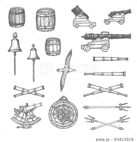 Cannon, barrel and spyglass, bell, trident and astrolabe, sextant sketch. Medieval sailing equipment, fleet navigation instruments and weapons, mortar, albatross bird hand drawn vector icon collection 83823928