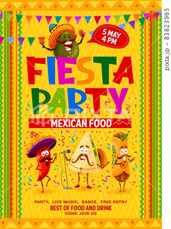 Mexican fiesta party flyer, cartoon avocado, jalapeno, quesadilla and burrito musician characters. Vector invitation poster for celebration holiday event. Chili pepper and tex mex personages of mexico 83823965