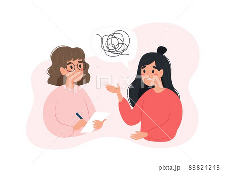Mental health concept - woman talking to psychologist about her problems. Vector illustration in flat style Mental health concept - woman talking to psychologist about her problems. Vector illustration in flat style 83824243