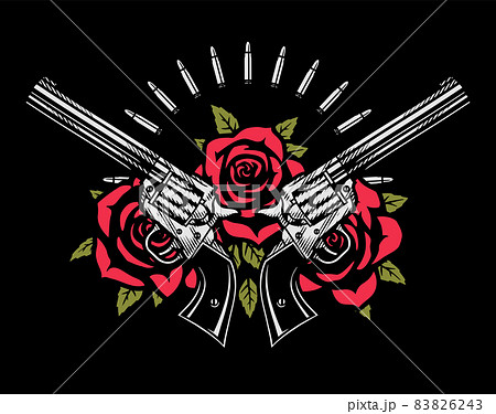 Two crossed pistols and roses on a dark background. Vector illustration. 83826243