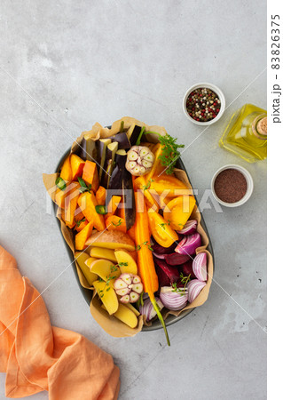 Vegetables cooked for roasting in the oven 83826375