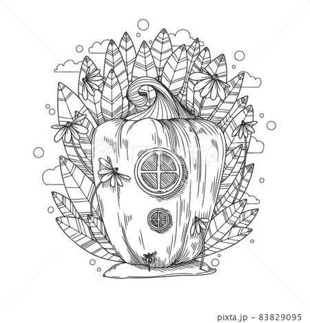 Sketch of a fantastic pumpkin house. Cartoon pumpkin gnome house. Vector Sketch of a fantastic pumpkin house. Cartoon pumpkin gnome house. Vector 83829095