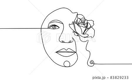 Woman face with flowers Continuous one line drawing. Flower bouquet in woman head single line art. Minimalist Black White Drawing Artwork 83829233