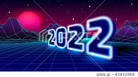 2022 neon sign for 80s styled retro New Years Eve celebration with arcade game grid landscape and purple sun. 2022 neon sign for 80s styled retro New Years Eve celebration with arcade game grid landscape and purple sun. 83832069