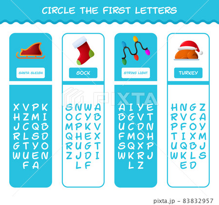 Circle the first letters of cartoon christmas. Matching game. Educational game for pre shool years kids and toddlers 83832957