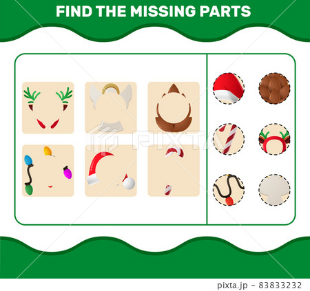 Match cartoon christmas parts. Matching game. Educational game for pre shool years kids and toddlers Match cartoon christmas parts. Matching game. Educational game for pre shool years kids and toddlers 83833232