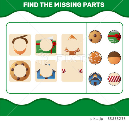 Match cartoon christmas parts. Matching game. Educational game for pre shool years kids and toddlers Match cartoon christmas parts. Matching game. Educational game for pre shool years kids and toddlers 83833233