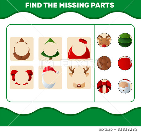 Match cartoon christmas parts. Matching game. Educational game for pre shool years kids and toddlers Match cartoon christmas parts. Matching game. Educational game for pre shool years kids and toddlers 83833235