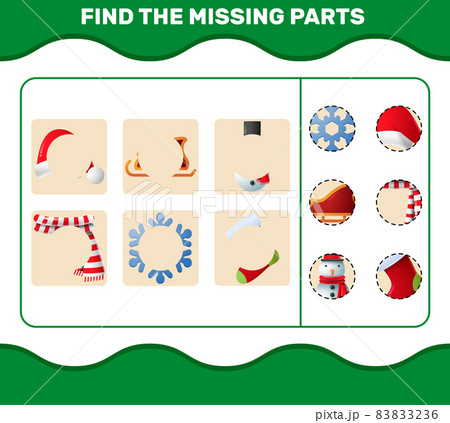 Match cartoon christmas parts. Matching game. Educational game for pre shool years kids and toddlers Match cartoon christmas parts. Matching game. Educational game for pre shool years kids and toddlers 83833236