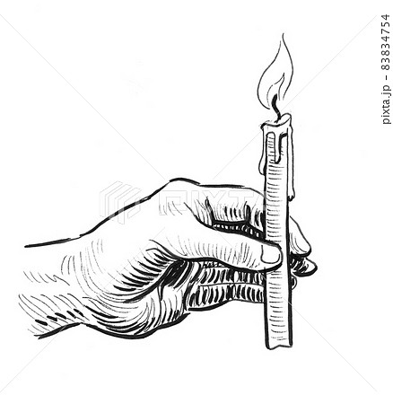 Hand holding burning candle. Ink black and white drawing Hand holding burning candle. Ink black and white drawing 83834754