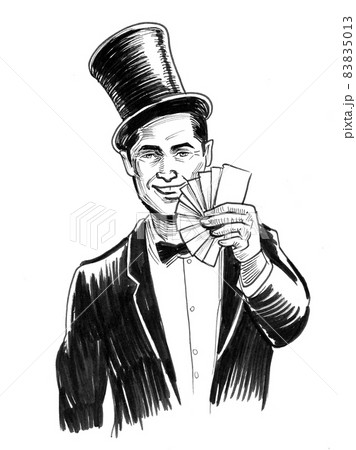 Illusionist with a deck of cards. Ink black and white drawing Illusionist with a deck of cards. Ink black and white drawing 83835013
