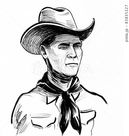 Cowboy in hat. Ink black and white drawing 83835327