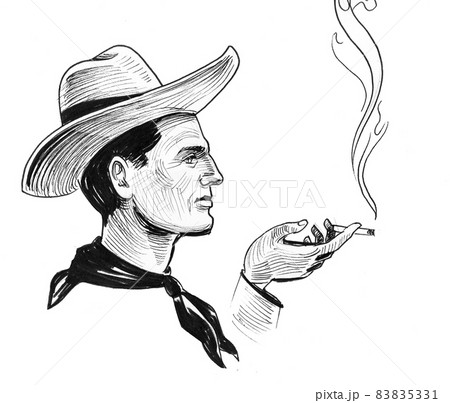 Cowboy smoking a cigarette. Ink black and white drawing Cowboy smoking a cigarette. Ink black and white drawing 83835331