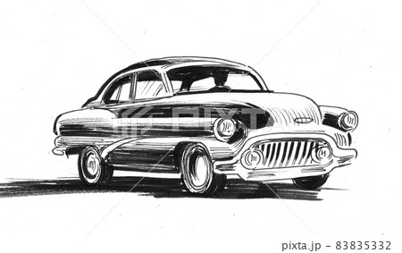 Vintage American car. Ink black and white drawing 83835332