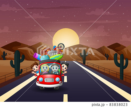 Outdoor scene with a family travelling in desert illustration 83838023