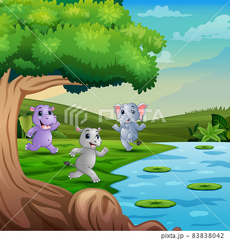 Animals cartoon running in the green field illustration 83838042
