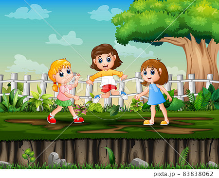 Three Girls Playing Jump Rope In The Park のイラスト素材 8062