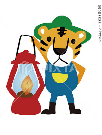 キャンプ場に着いてランタンを点けたトラのイラスト素材 8669