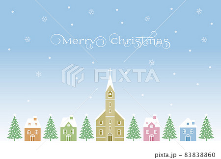 おしゃれで可愛いヨーロッパ風の家と教会 クリスマスツリーのクリスマスカードのイラスト素材 60