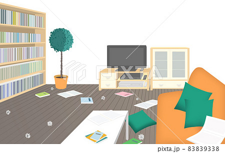 本やゴミが散らかったリビングルーム。 本やゴミが散らかったリビングルーム。 83839338