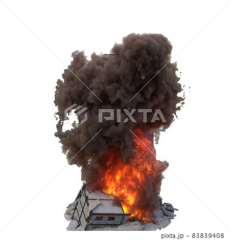 Ruined building in flames isolated on white 3d illustration Ruined building in flames isolated on white 3d illustration 83839408