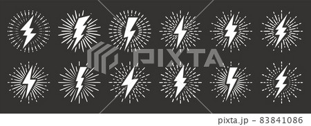 Set of vintage lightning bolts and sun rays. Lightnings with sunburst effect. Thunderbolt, electric Set of vintage lightning bolts and sun rays. Lightnings with sunburst effect. Thunderbolt, electric 83841086
