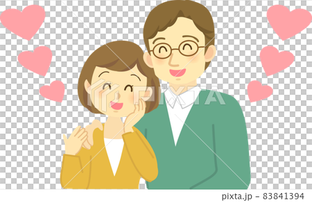 イラスト素材:ハートを背景に若い夫婦が肩を寄せ合いラブラブな場面　ハートが沢山 83841394