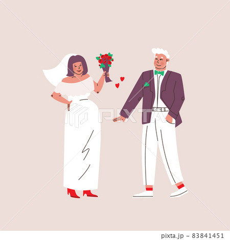 Wedding of young men and women. Pregnant bride and groom in a suit and holding flowers, wedding anniversary. Cute vector isolated illustrations. Wedding of young men and women. Pregnant bride and groom in a suit and holding flowers, wedding anniversary. Cute vector isolated illustrations. 83841451