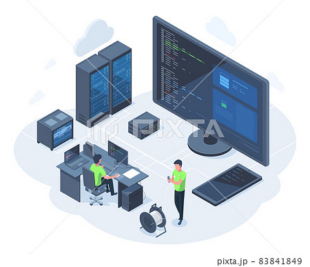 Isometric 3d web hosting, database network server concept. Cloud network technology server engineers vector illustration. Server equipment maintain service 83841849
