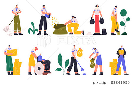 Volunteers, charity social workers collecting trash and help elderly people. Young charity social workers volunteering vector illustration set. Kindness and charity activity Volunteers, charity social workers collecting trash and help elderly people. Young charity social workers volunteering vector illustration set. Kindness and charity activity 83841939