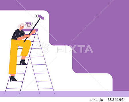 Painter painting wall, home repair service worker. House renovation, facade or interior repair service work vector flat illustration. Painter work with paint roller 83841964
