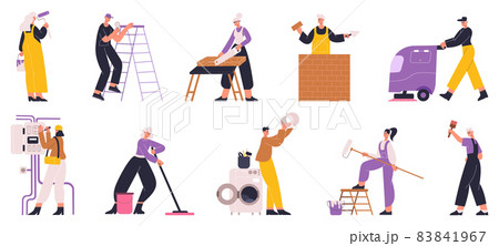 Home repair, house renovation workers, plumber, electrician, painter. Repair service workers and cleaner characters vector illustration set. Professional home repair workers 83841967